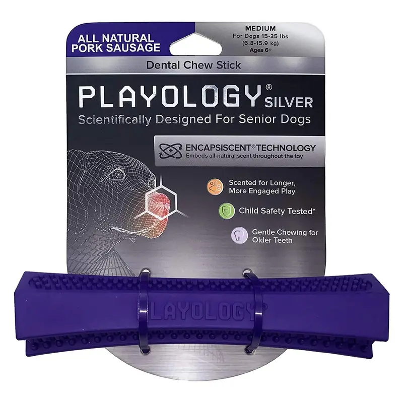 Playology Silver Dental Stick Dog Toy - Pork Sausage