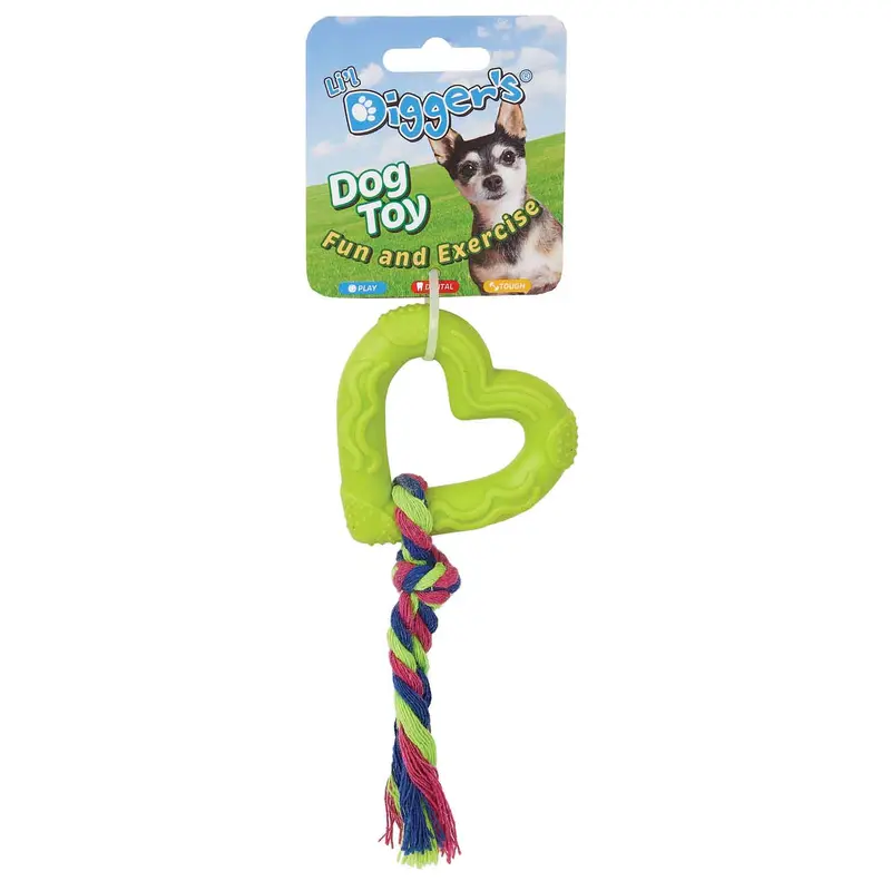 Digger's TPR Heart and Rope Dog Toy - Lime Green