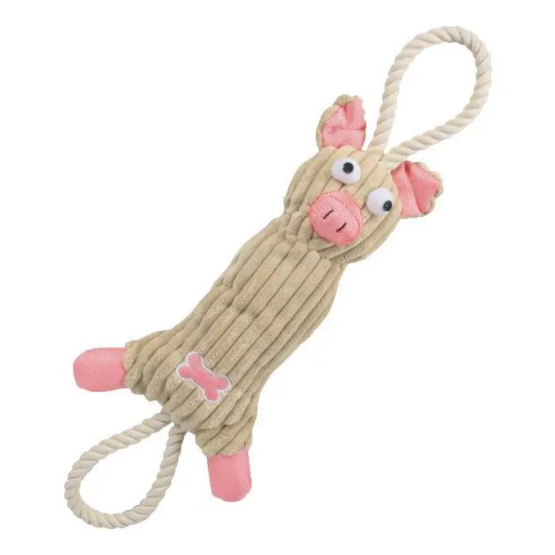 Pet Life Doll Plush Cow Natural Jute Rope and Squeak Tugging Plush Dog Toy - Pink Pig