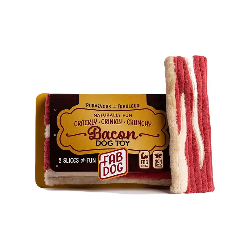 fabdog Foodies Plush Dog Toy -  Packaged Bacon Dog Toy - 3 Bacon Strips