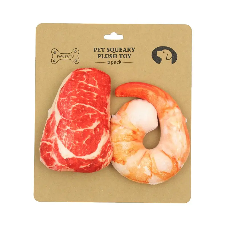 Pawpatu Squeaky 2 Piece Dog Toy - Steak and Shrimp