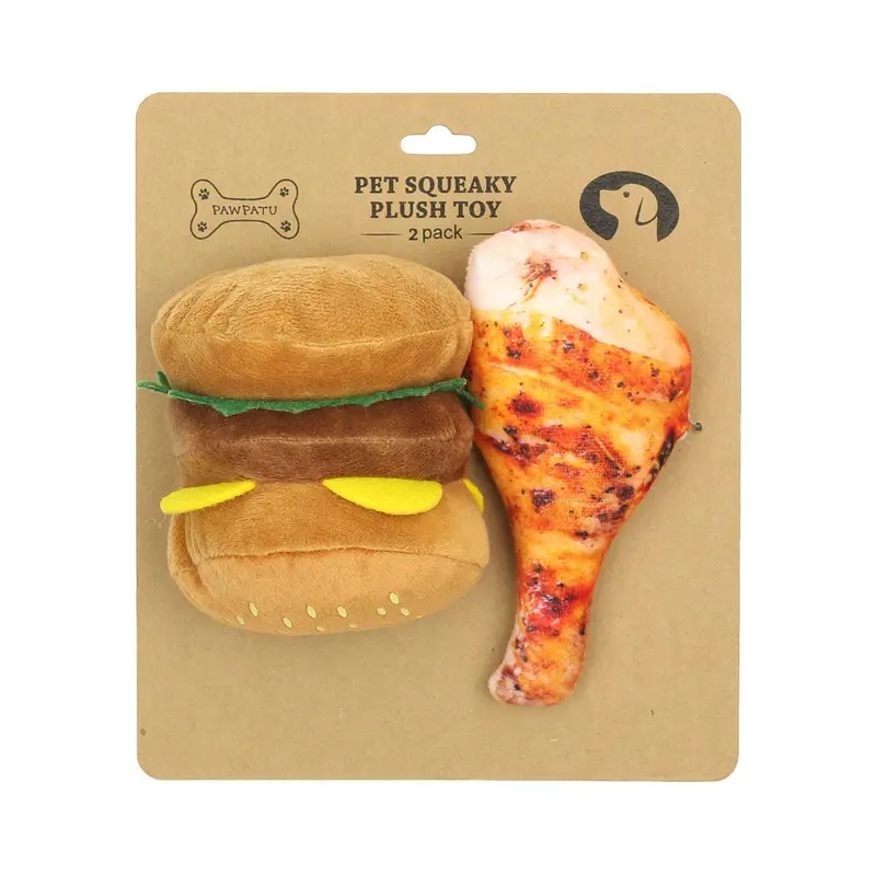 Pawpatu Squeaky 2 Piece Dog Toy - Turkey Leg and Hamburger