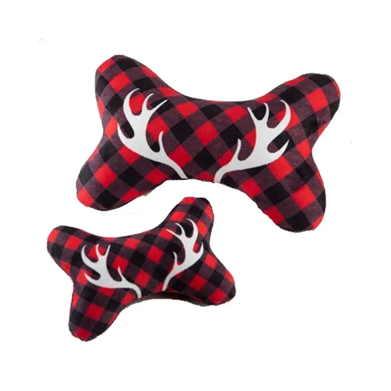 Hip Doggie Holiday Plush Bone Dog Toy - Buffalo Check with Antlers