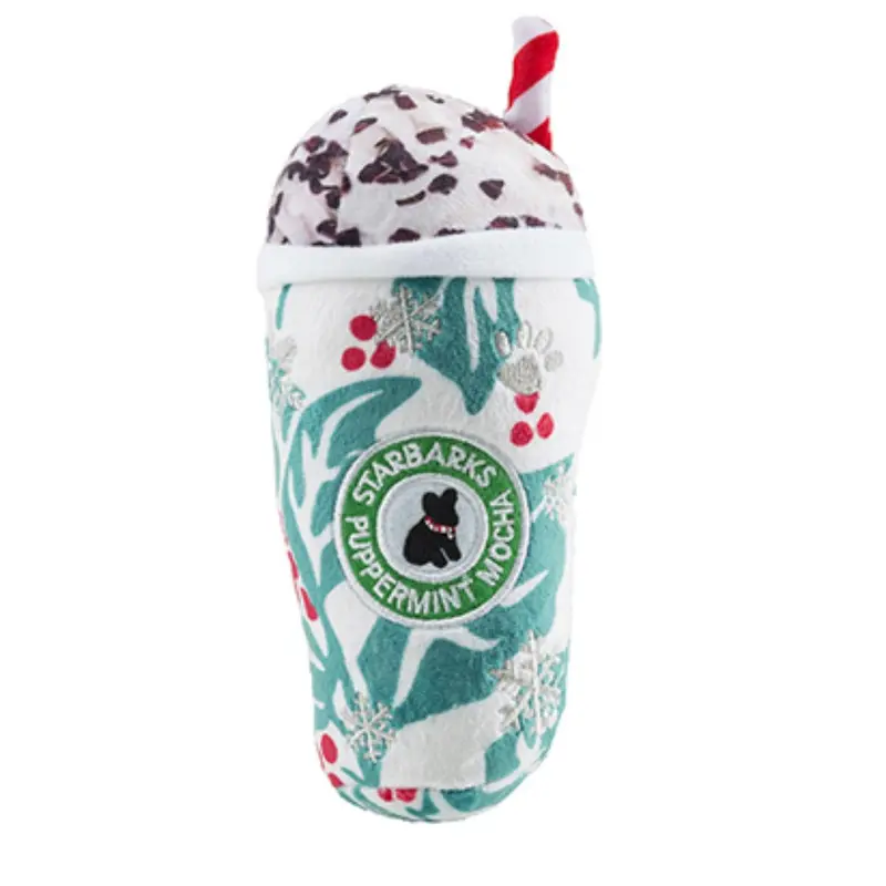 Haute Diggity Dog Holiday Starbarks Puppermint Mocha Plush Dog Toy - Holly Print Cup
