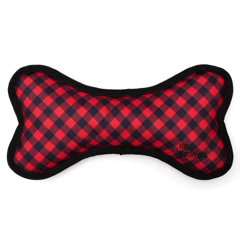 Worthy Dog Bias Buffalo Plaid Bone Dog Toy - Red