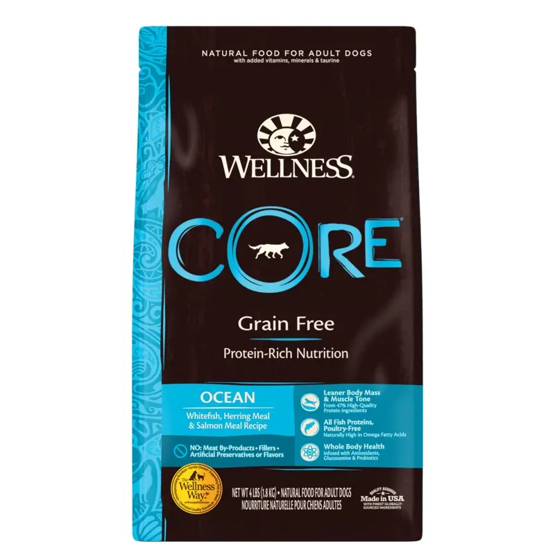 Wellness CORE Natural Grain Free Dry Dog Food Ocean Whitefish Herring & Salmon 4lb Bag