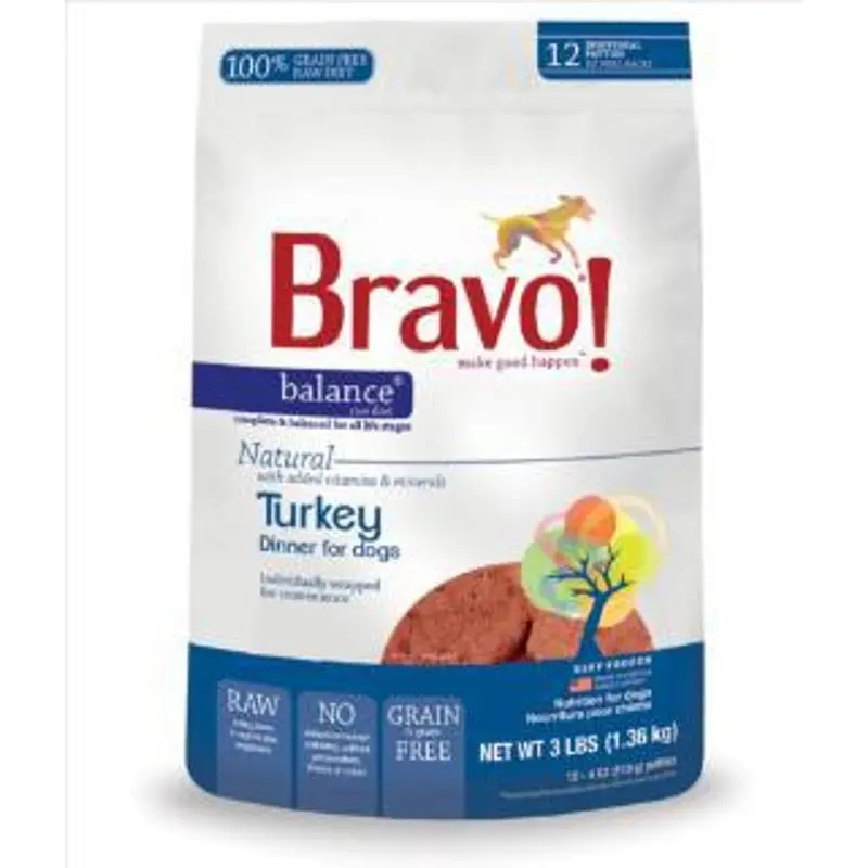 Bravo Balance Turkey Blend Frozen Dog Food, 4-Ounce Patties, Pack of 12