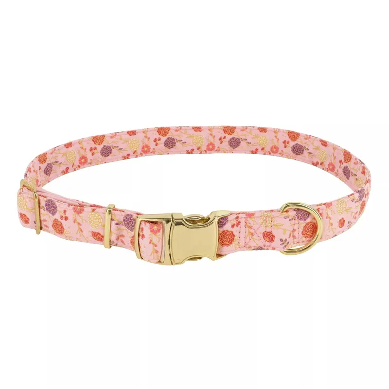 Coastal Accent Metallic 5/8in Wide 12-18in Adjustable Dog Collar Pink Flowers