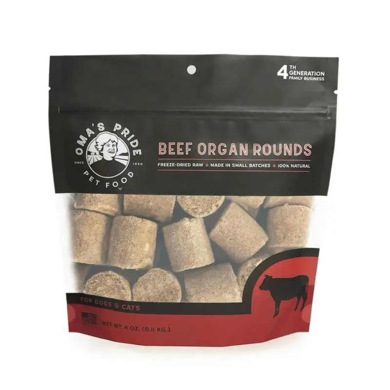 Omas Pride Dog Cat Freeze Dried Beef Organ Rounds 4 oz