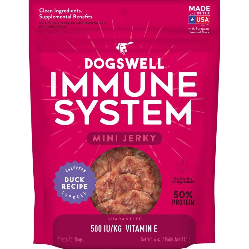 Dogswell Immune System Mini Jerky Dog Treats, Duck, 4 oz. Pouch