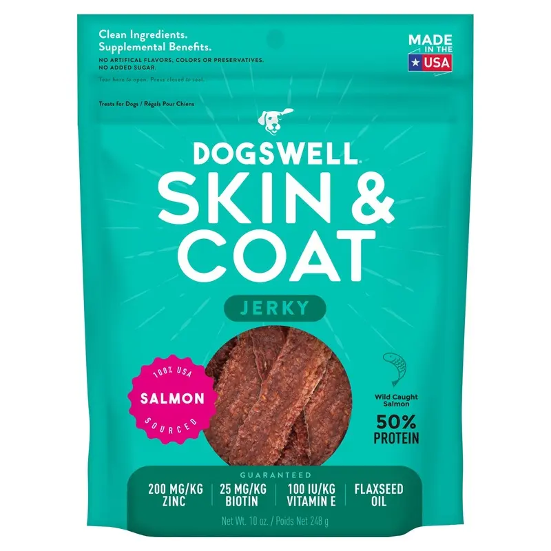 Dogswell Skin & Coat Jerky Dog Treats, Salmon, 10 oz. Pouch
