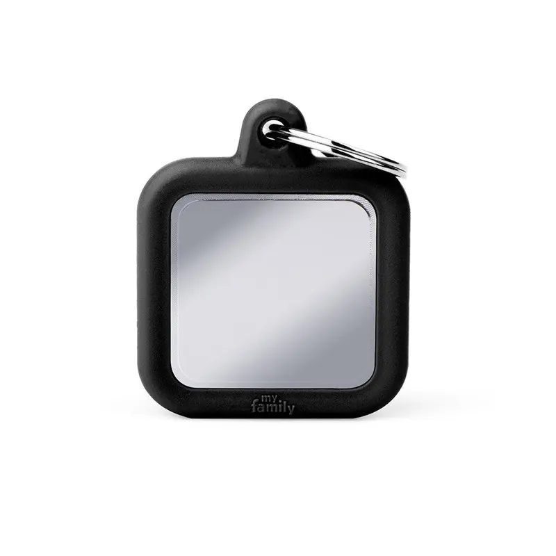 My Family ID Hushtag Chrome-Plated Brass Square ID Tag with Black Rubber