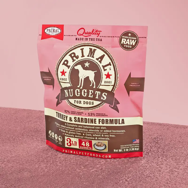 Primal Raw Frozen Nuggets Turkey & Sardine Formula Dog Food 3lb