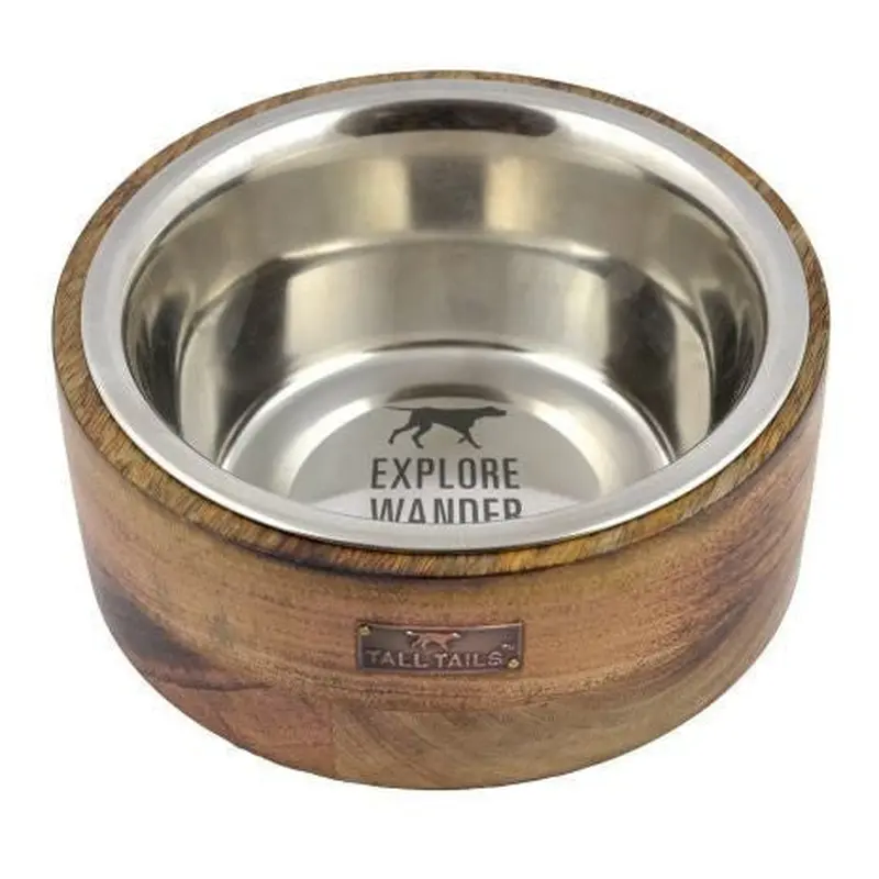 Tall Tails Dog Stainless Steel Wood Bowl 6 Cups 