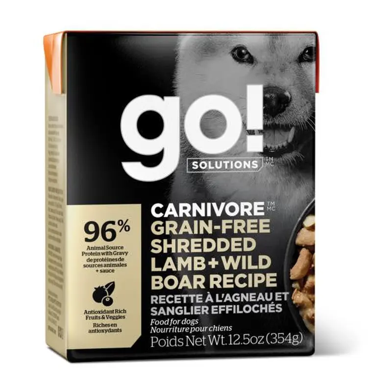 Petcurean GO! CARNIVORE Grain Free Shredded Lamb + Wild Boar Dog 12/12.5oz 