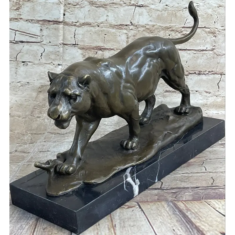 Panther Mountain Lion Big Cat Bronze Statue Sculpture Figure on Marble Base
