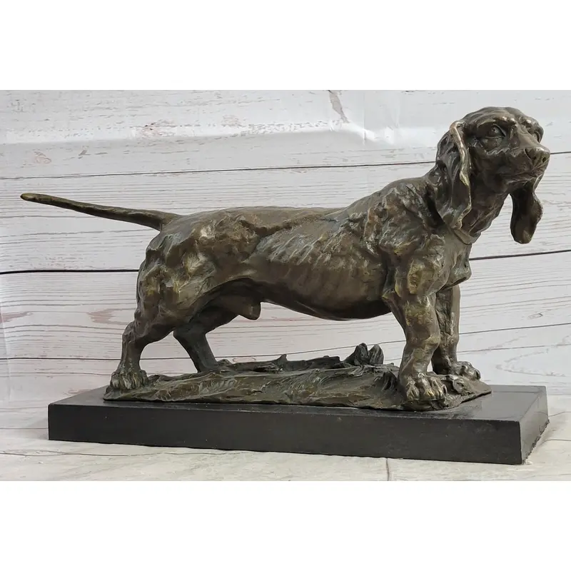 Basset Hound Dog Figure Art Deco Bronze Sculpture on Marble Base Figurine Gift