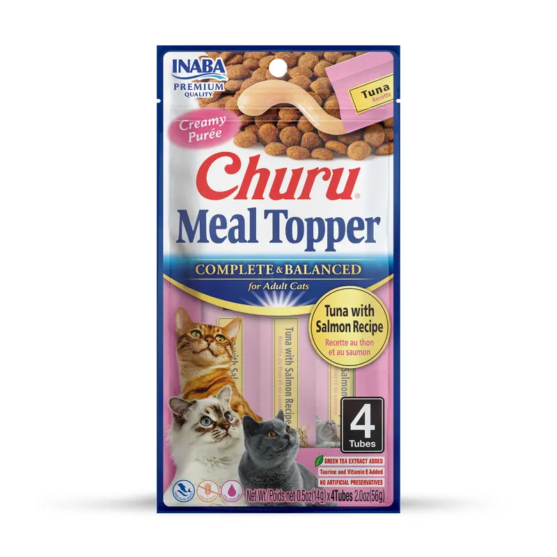 INABA Churu Pure Cat Food Topper, 0.5 Ounce Tube, 4 Tubes, Tuna with Salmon Recipe