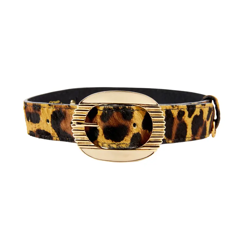 Leopard Print Hair On Hide Italian Leather Collar With Ornate Italian Hardware