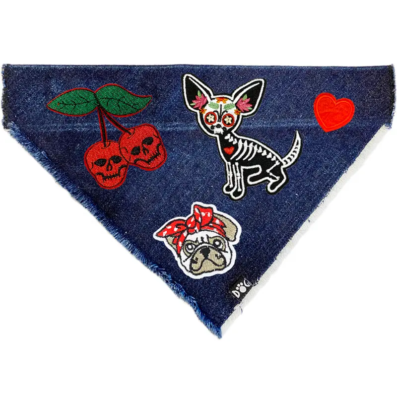 Sugar Skull Dog Denim Bandana
