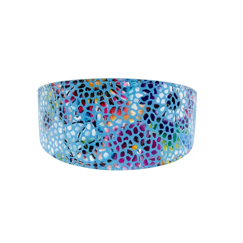 Blue Floral Mosaic Italian Leather 3 Wide Style Collar