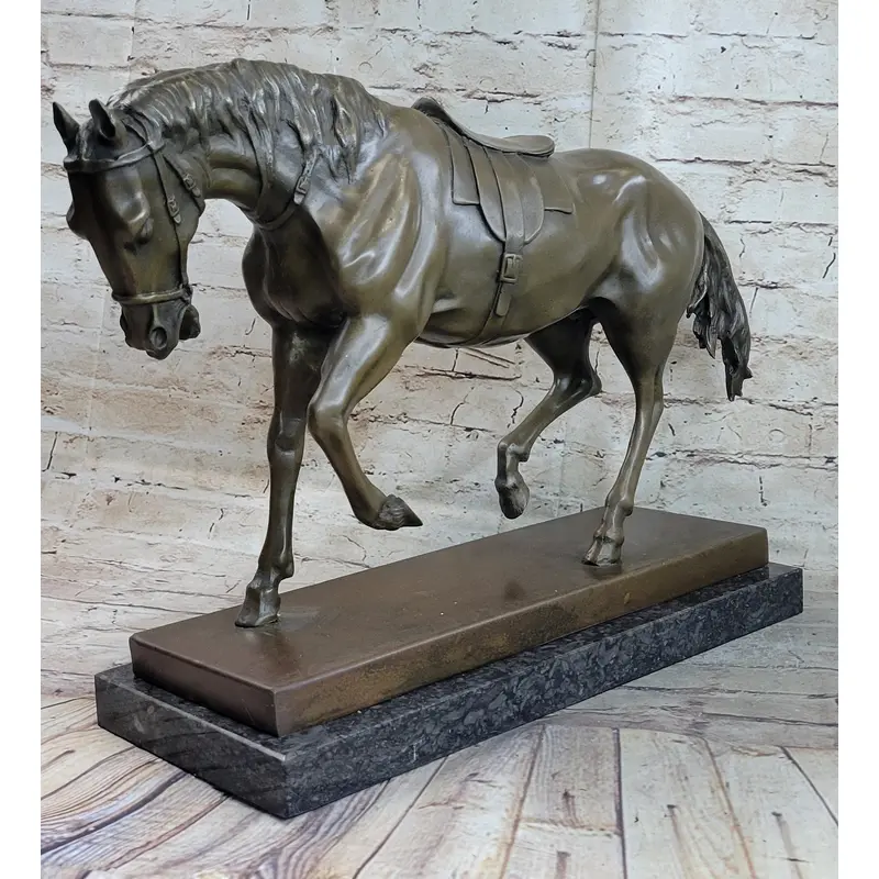 Extra Large Original Bronze Sculpture Horse Trots Stallion Marble Base Figurine