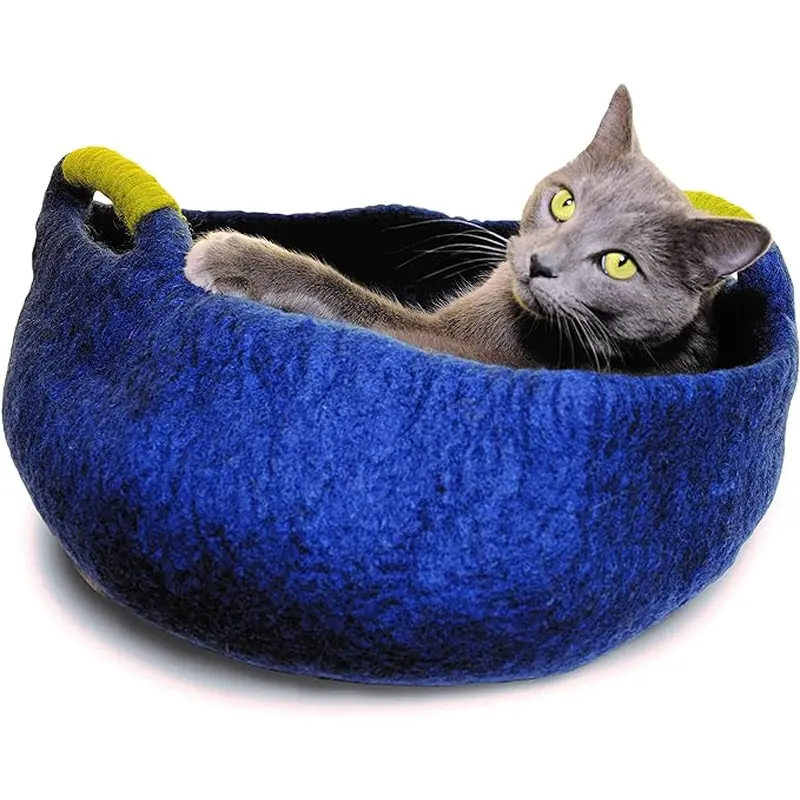 Distinctly Himalayan Wool Pet Basket With Handles Navy