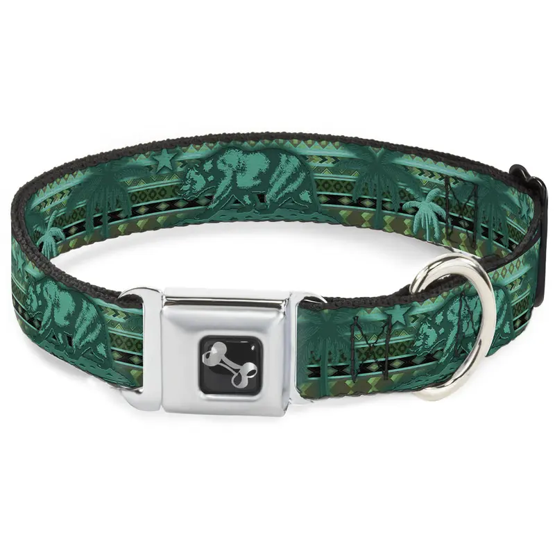Dog Bone Seatbelt Buckle Collar - Cali Bear/Palm Trees/Geometric Green