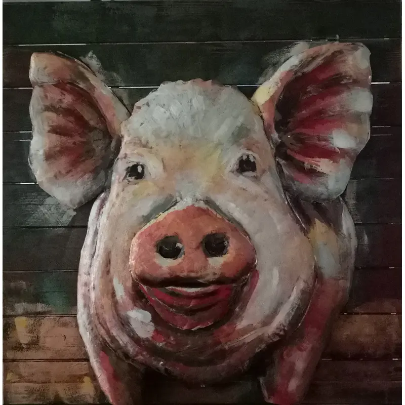 Pig Farm Animal Wall Art Hanging Decor 3D Metal Cutout Painting on Wood Canvas