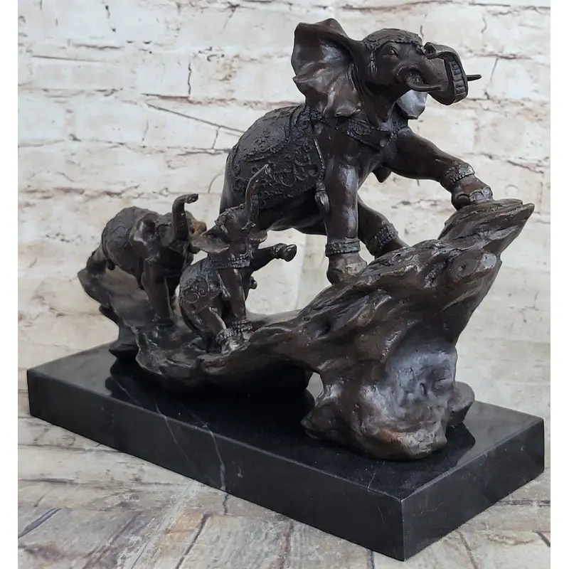 Signed Bologna Indian Mother Elephant And Calves Bronze Sculpture Home Decor Art