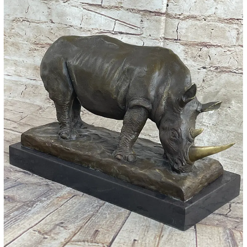 Bronze Metal Rhinoceros Rhino Statue Sculpture Figure Marble Base Barye Art 9" x 14"