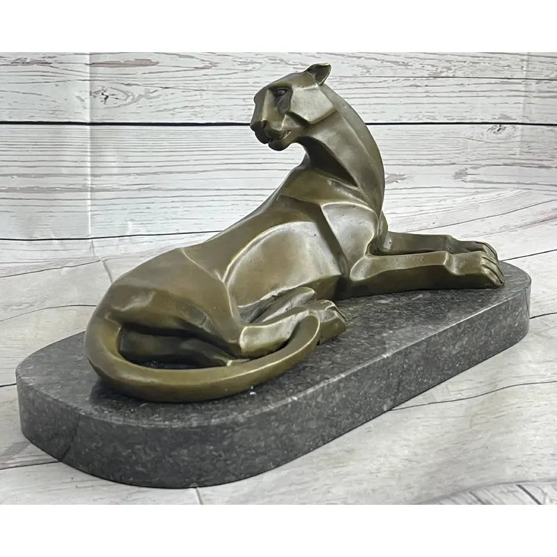 Handcrafted Henry Moore Mountain Lion Bronze Sculpture Marble Base Figurine