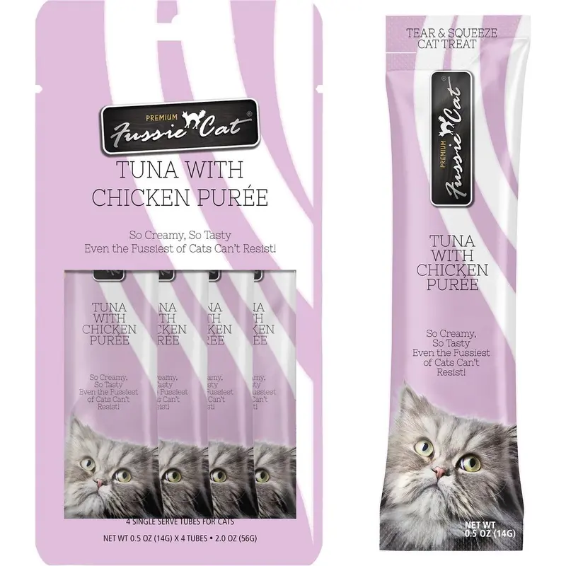 Fussie Cat Tuna Chicken Puree Lickable Cat Treats 0.5oz 4Pk