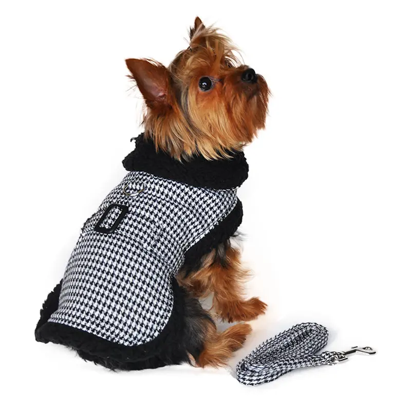 Sherpa Line Dog Harness Coat - Black and White Houndstooth with Matching Leash