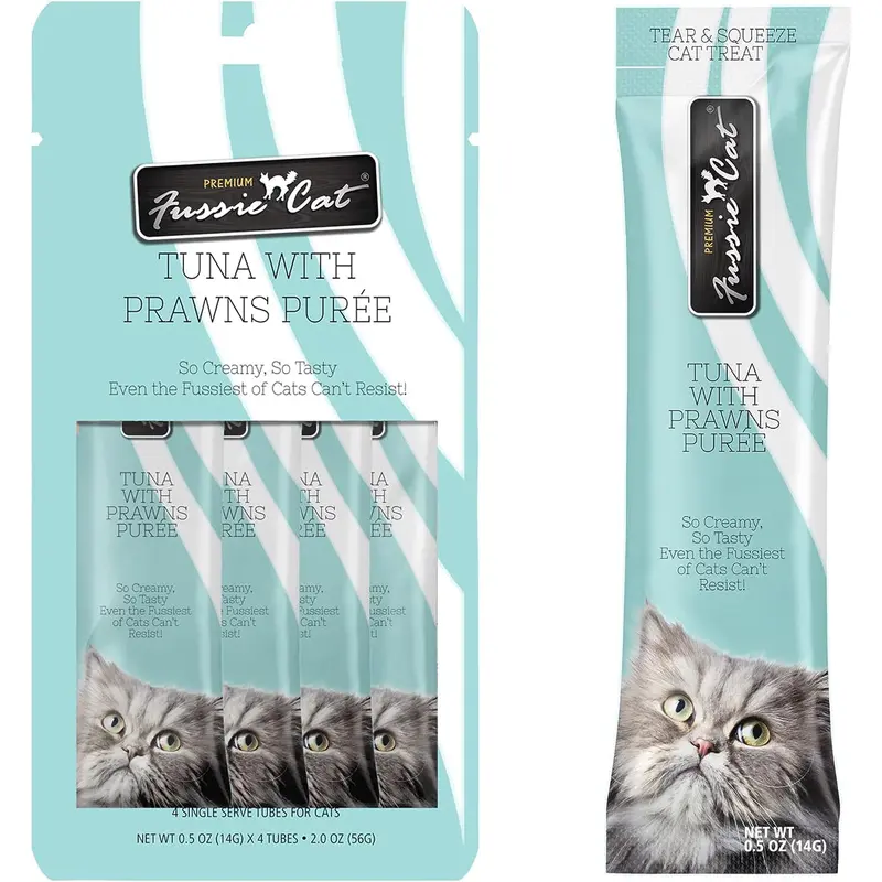 Fussie Cat Tuna Prawns Puree Lickable Cat Treats 0.5oz 4Pk