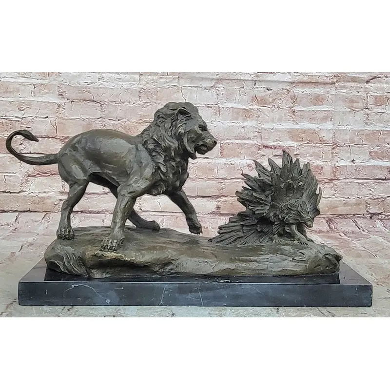 Lion vs. Porcupine Bronze Statue Sculpture Wildlife Art Decor on Marble Base