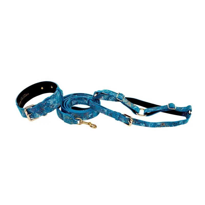 Blue Floral Mosaic Italian Leather/Classic Collar, Leash, Harness Set
