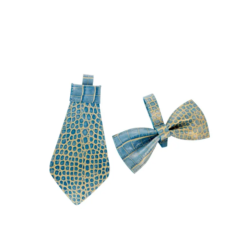 Blue & Gold Embossed Croc Italian Leather Tie & Bow tie Set