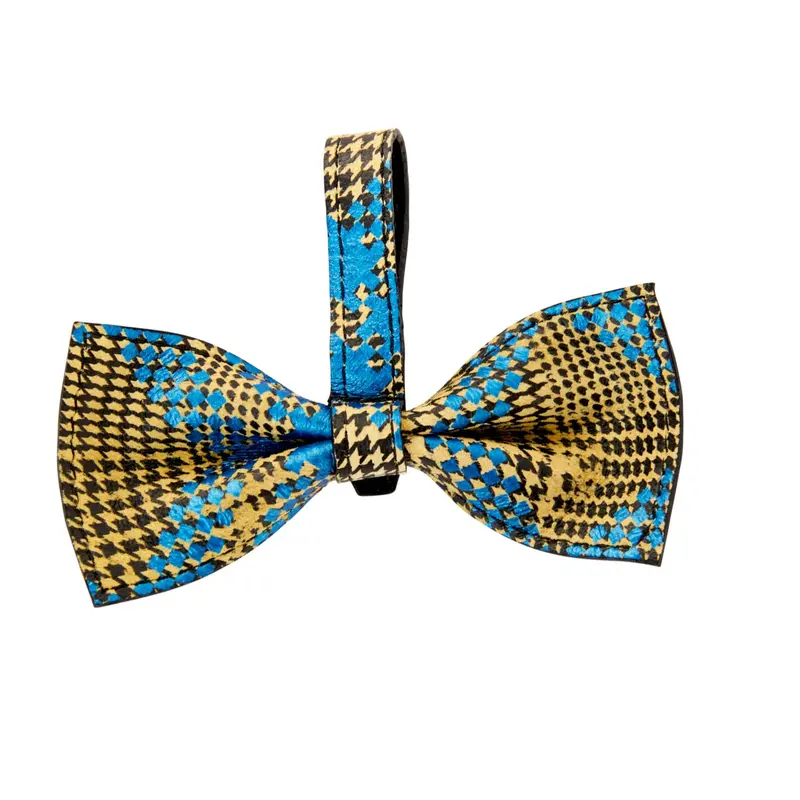 Blue, Yellow, Black Plaid Italian Leather Bowtie