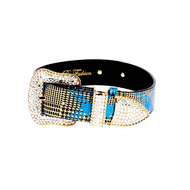 Blue & Yellow Elegant Plaid Italian Leather Collar With Swarovski Crystal Hardware
