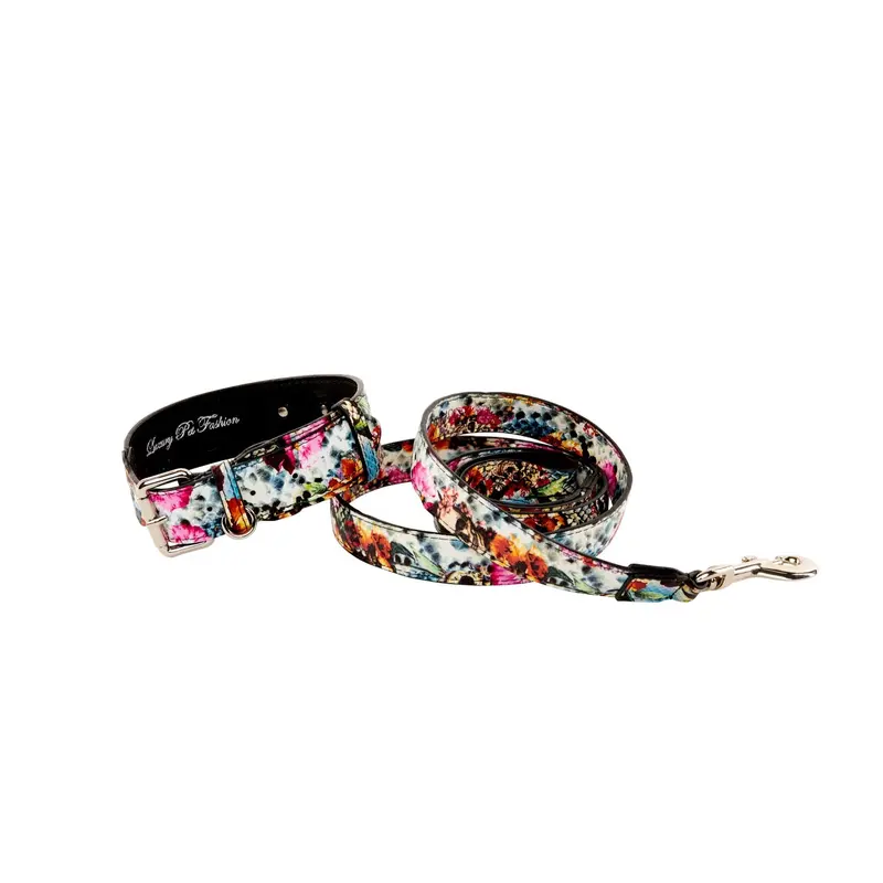 Floral, Scull, Snake Print Italian Leather Classic Collar & Leash Set
