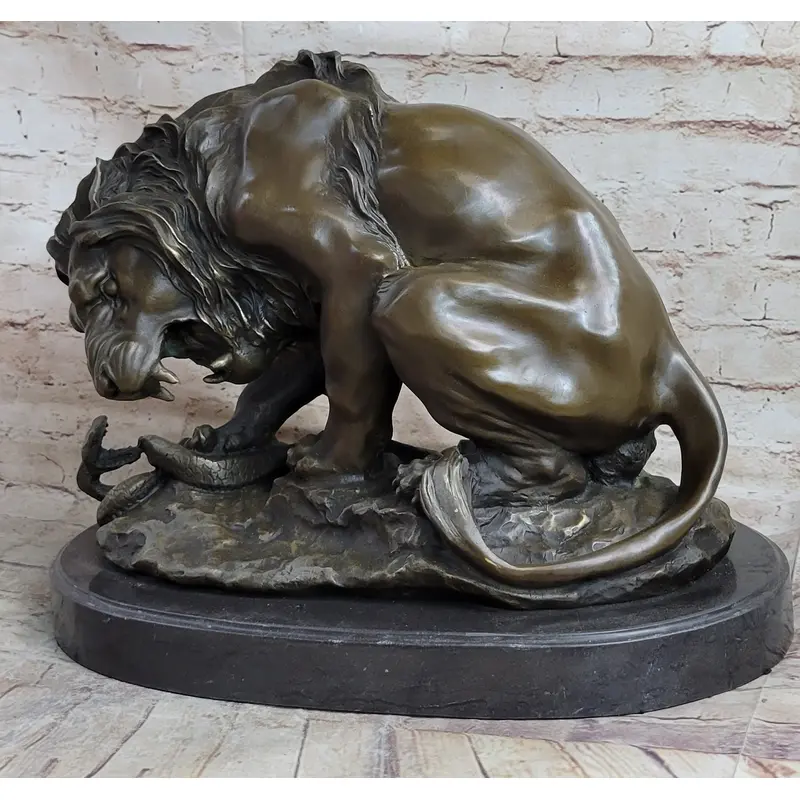 Lion vs. Snake Bronze Statue Sculpture Figure by Antoine Barye on Marble Base