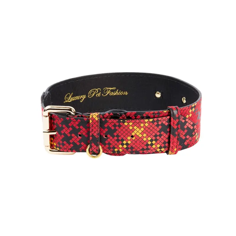 Red, Black & Yellow Elegant Plaid Italian Leather Collar With Gold Classic Hardware