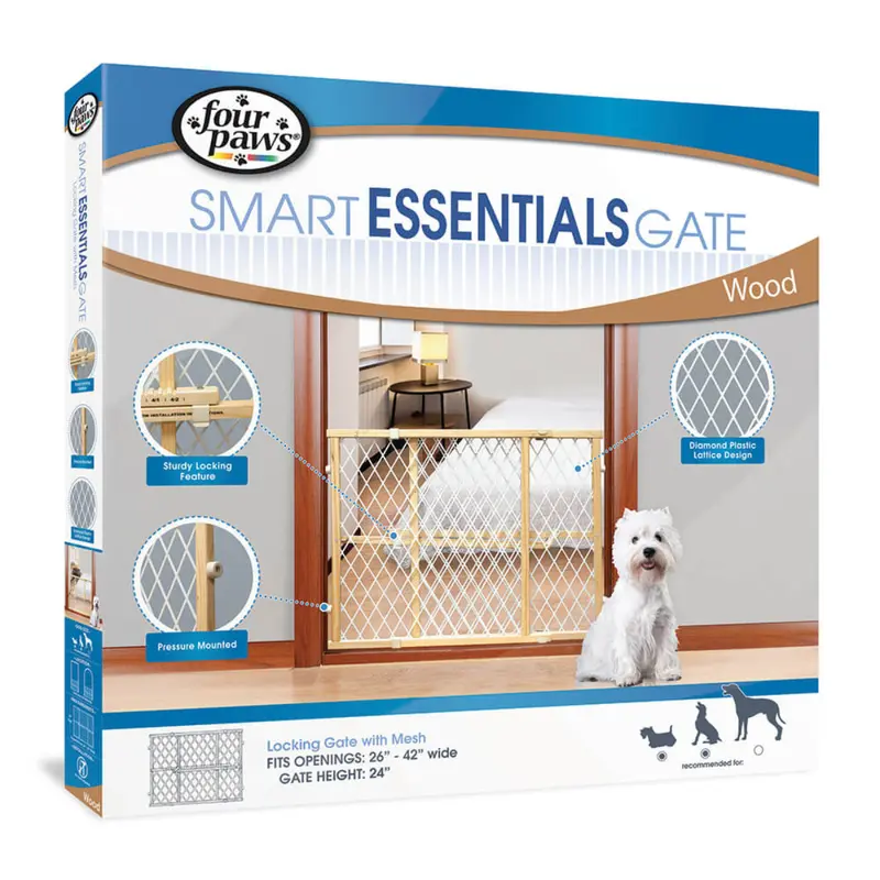 Four Paws Wood Frame Dog Gate With Plastic Mesh, 26-42" W by 24" H