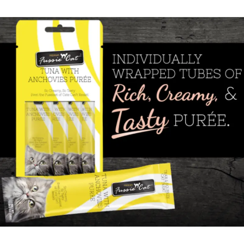 Fussie Cat Tuna and Anchovies Puree Cat Treat .5oz 4pk