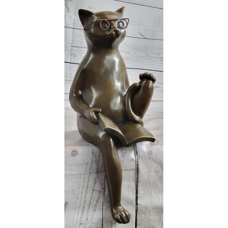 Cat in Eyeglasses Reading a Book Bronze Metal Figurine Sculpture Signed Art