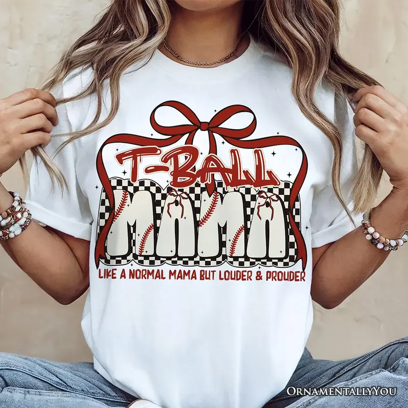 T-Ball Mama Coquette Red Bow T-Shirt, Retro White and Natural Tee for Proud Sports Moms