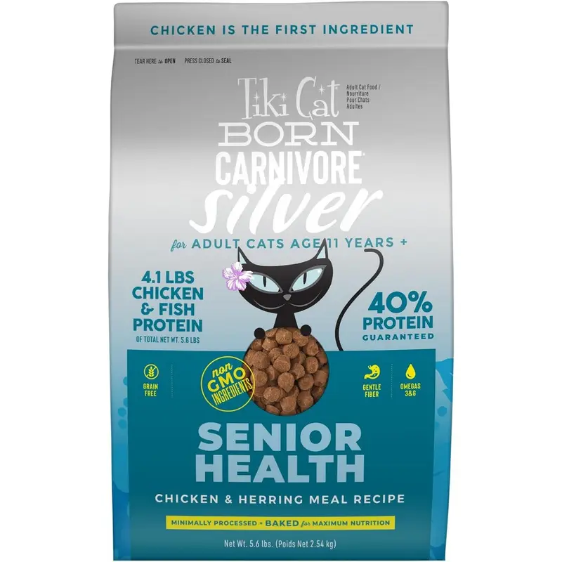 Tiki Cat Born Carnivore Silver Senior Health Chicken & Herring Dry Cat Food 5.6lb