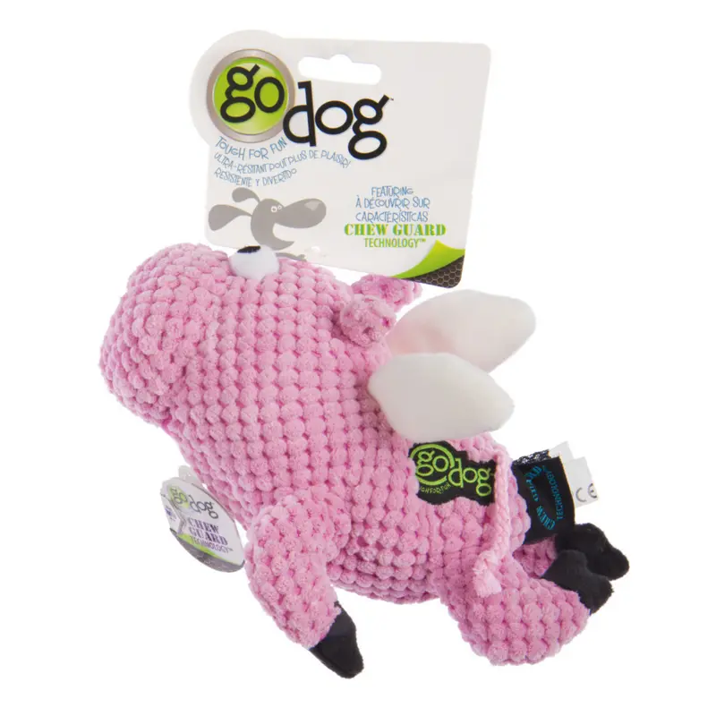 Go Dog Checkers Flying Pig with Chew Guard Technology Durable Plush Squeaker Dog Toy Pink