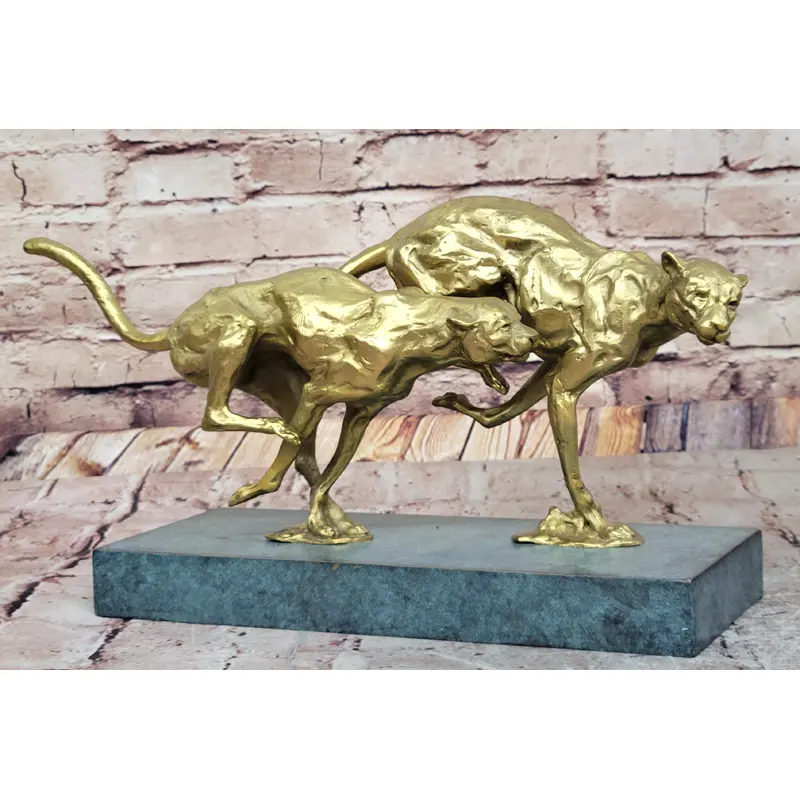 Golden Cheetah Big Cats Duo Running Bronze Sculpture on Marble Base by Milo